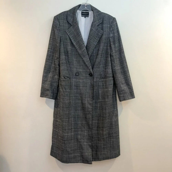 Something Navy Plaid Button Front Long Gray Collared Trench Coat S FLAWED - Picture 2 of 11
